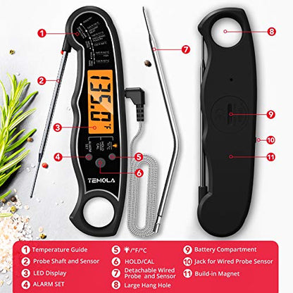 TEMOLA Meat Thermometer, Instant Read Food Thermometer for Cooking, Digital Food Thermometer with LCD Backlight for Candy Fry Grill BBQ Liquids, Kitchen Oven Safe Dual Probe 2 in 1 Thermometer - color: Black
