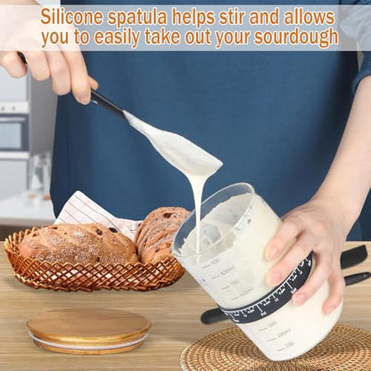Sourdough Starter Jar Glass, 34 Oz DIY Wide-mouth Pro Sourdough Starter Jar Kit with Silicone Spatula,Cholkboard Sign, hermometer,Feeding Band,cloth cover, Reusable Sourdough Bread Baking Supplies. - color: ガラス