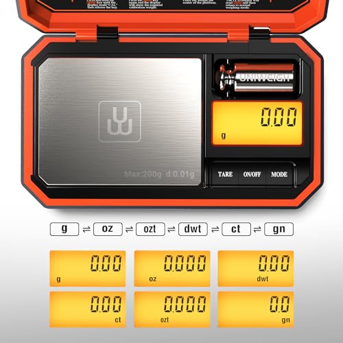 UNIWEIGH Digital Pocket Scale 200g/0.01g Precision Digital Scale Grams | 6 Units Jewelry Scales,Coins Scale with LCD Display,Tare Function for Food,Powder,small items(Battery Included)-Orange - color: Orange
