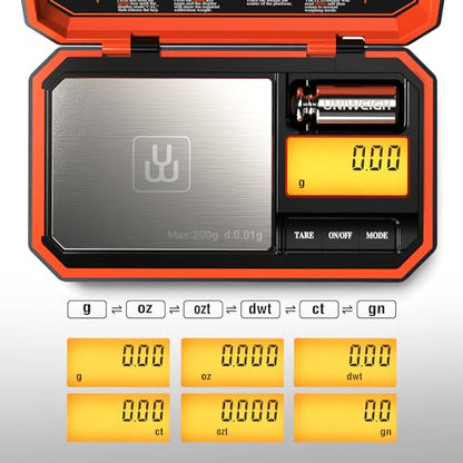 UNIWEIGH Digital Pocket Scale 200g/0.01g Precision Digital Scale Grams | 6 Units Jewelry Scales,Coins Scale with LCD Display,Tare Function for Food,Powder,small items(Battery Included)-Orange - color: Orange
