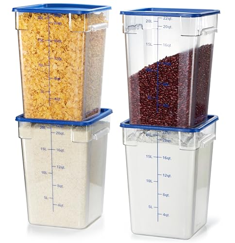 CURTA 4 Pack Food Storage Containers with Blue Lids - NSF Listed Commercial Grade in 22.0 Qt - Square, Clear, Polycarbonate - color: 22.0 Qt 4-Pack(Blue Lids)