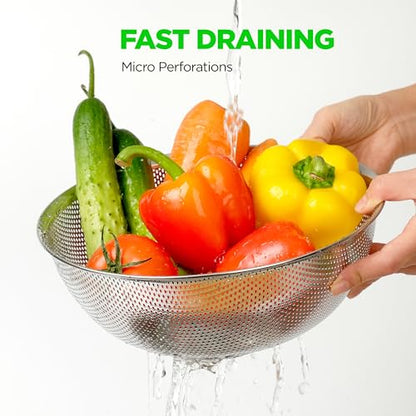 Premium 18/8 304 Stainless Steel Micro-Perforated Small and Big Colander Set of 4 with rings - 3.5-5.5-7.5-9.5 Quart Set, Self-Draining Solid Base for Pasta, Fruits, Vegetables - size: 3.5+5.5+7.5+9.5QT Colander