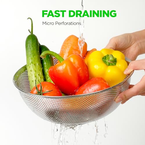 Premium 18/8 304 Stainless Steel Micro-Perforated Small and Big Colander Set of 4 with rings - 3.5-5.5-7.5-9.5 Quart Set, Self-Draining Solid Base for Pasta, Fruits, Vegetables - size: 3.5+5.5+7.5+9.5QT Colander