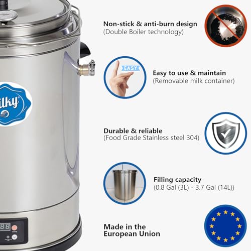 Milk Pasteurizer Milky FJ 15 (115V) | For Milk, Cheese, Yogurt and Juice | 3.7 Gal | Made of Stainless Steel | Removable Container | Time and Temperature Control | Made in the EU | 2-year Warranty