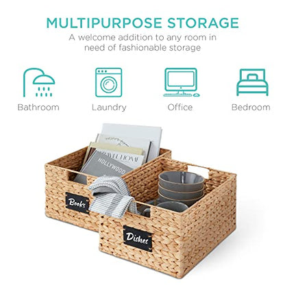 Best Choice Products 식료품 저장실 바구니 40.6 x 30.5cm(16 x 12인치) 워터 히아신스 보관 바구니 2개 세트, 손잡이가 달린 우븐 고리버들 주방 정리함, 칠판 라벨 분필 마커 포함 - 내추럴 - color: 천연, size: 12x16x8in