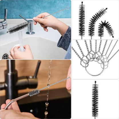 QWORK 12Pcs Tube Pipe Cleaner Kit, 15.75" Long Handle Brush, 5.25 Ft Flexible Dual-Head Cleaner & 10 Multi-Size Nylon Brushes for Narrow Neck Bottles, Curved Glass, Feeders