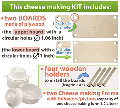 Wooden Cheese Press for Cheese Making Supplies 16 in Wooden Guides and 2 Cheese Mold with Follower Piston 1.3 Qt - Small Home Supply Ultimate Cheese Press Machine - Prensa Para Queso Casero
