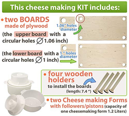 Wooden Cheese Press for Cheese Making Supplies 16 in Wooden Guides and 2 Cheese Mold with Follower Piston 1.3 Qt - Small Home Supply Ultimate Cheese Press Machine - Prensa Para Queso Casero
