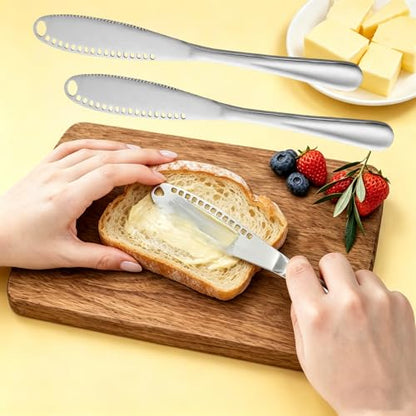 3-in-1 Stainless Steel Butter Spreader Knife, 2 Pcs Serrated Butter Curler & Cheese Cutter for Cold Butter, Multipurpose Kitchen Gadget, Dishwasher Safe