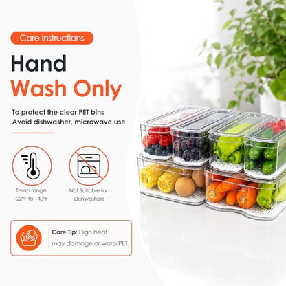 SMRCAD 6 Pack Clear Fridge Organizer Bins with Drain Trays - Stackable | BPA-Free PET, 6 Pack: 6 lidded Bins (Not drawer), Helps Keep Produce Fresh, 14L Capacity, Hand Wash Only - size: 6 Bins (No Pull-out Drawer)