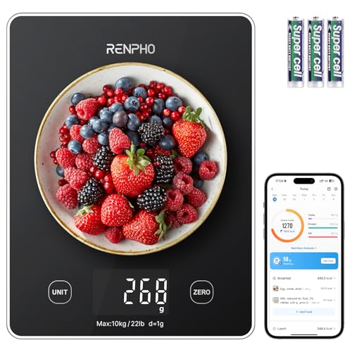 RENPHO Digital Kitchen Scale, Smart Food Weight Scale with Nutritional Calculator, Gram Scale for Weight Loss Cooking Baking Keto Macro Diet, Black Glass, 22lb/10kg - color: Black