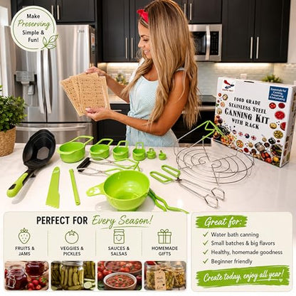 Supa Ant Complete Canning Starter Kit – 10pc Food-Grade Steel Set with XL Ladle, 6 Measuring Cups, Jar Lifter, Wide Mouth Funnel, Canning Rack (7-Jar Capacity) & 90 Labels –Beginner-Friendly, Green - color: Bright Green