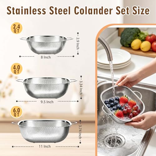 P&P CHEF Stainless Steel Colander Set, Strainers and Colanders for Kitchen | 3 Pcs Square Metal Colander Set, For Washing Draining Rinsing Spaghetti Fruit Food, Dishwasher Safe & Healthy, 2.4 / 4 / 6 Qt