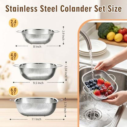 P&P CHEF Stainless Steel Colander Set, Strainers and Colanders for Kitchen | 3 Pcs Square Metal Colander Set, For Washing Draining Rinsing Spaghetti Fruit Food, Dishwasher Safe & Healthy, 2.4 / 4 / 6 Qt