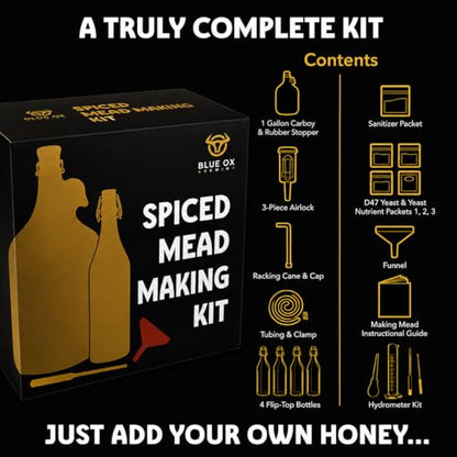SPICED Mead Making Kit with Storage Bottles, Hydrometer & Extra Yeast Nutrients - Honey Wine Making Kit - Mead Kit Complete - Mead Supplies for 1 Gallon of Mead – Mead Brewing Kit - color: King's Reserve