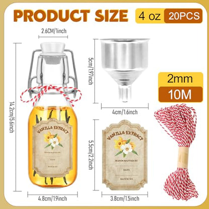 20 Pack Swing Top Glass Vanilla Extract Bottles 4 oz with Lids, Funnel and Vanilla Extract Labels, Boston Vanilla Bottles for Syrup Gift, Flip Top Glass Jars - color: 20PC 4oz Round Bottle