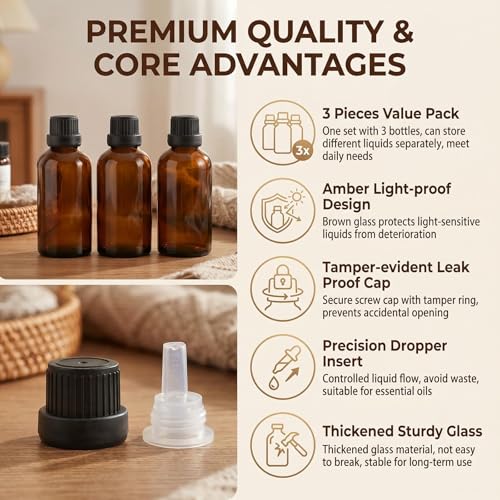 erioctry 3PCS 100ml/3.4oz Empty Amber Glass Bottle with Orifice Reducer and Black Cap for Essential Oils Aromatherapy Cosmetic Storage