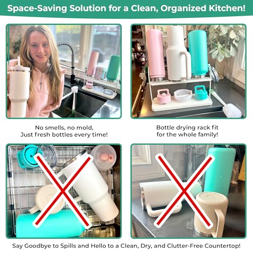 Cup Drying Rack for Counter, Water Bottle Drying Rack for Kitchen Counter, 2-Tier Tumbler, Mug and Glass Drying Rack with Drain Tray and 5-in-1 Cleaning Brush