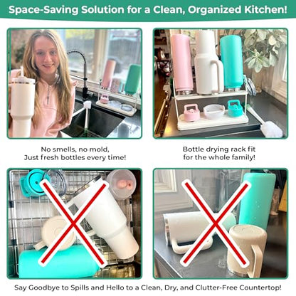 Cup Drying Rack for Counter, Water Bottle Drying Rack for Kitchen Counter, 2-Tier Tumbler, Mug and Glass Drying Rack with Drain Tray and 5-in-1 Cleaning Brush