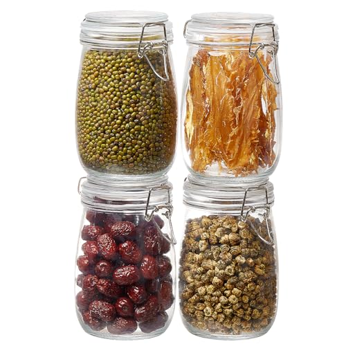 BJONKZ 4 Pack 34 oz Glass Jars with Airtight Lids – Food Storage Containers with Preserving Seal Wire Clip Fastening, Glass Canisters for Kitchen Canning Flour, Cereal, Sugar, Beans (34oz*4) - size: 34oz*4