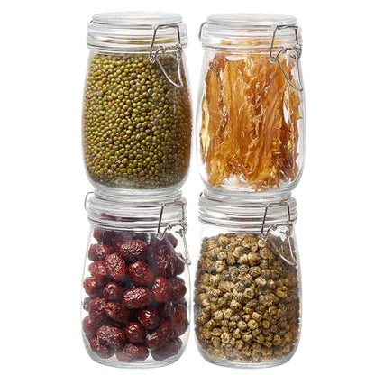 BJONKZ 4 Pack 34 oz Glass Jars with Airtight Lids – Food Storage Containers with Preserving Seal Wire Clip Fastening, Glass Canisters for Kitchen Canning Flour, Cereal, Sugar, Beans (34oz*4) - size: 34oz*4