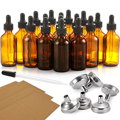 24 Pcs, 2 oz Dark Amber Dropper Bottles with 6 Small Funnels & 1 Long Glass Labels - 60ml Tincture Bottles w/ Eye Dropper for Essential Oils, Perfume, Hair Oil, Liquids - Leak Proof Travel Bottles - size: 2 OZ