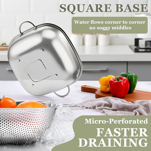E-far 6QT Stainless Steel Colander with Handle - Square Metal Kitchen Strainer for Pasta & Vegetable Draining, Micro-Perforated & Elevated Feet, Dishwasher Safe - size: 6QT