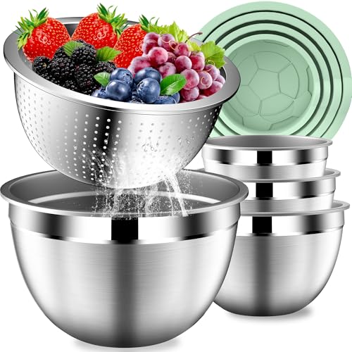 DUTZUN Mixing Bowls with Lids Set, Stainless Steel Mixing Bowl Set with Colander, Strainer with Bowls - Pistachio - style: 9PCS Pistachio