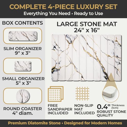 Stone Dish Drying Mat for Kitchen Countertop 24x16 Large Diatomaceous Earth Quick-Dry Absorbent Foldable Non-Slip Organizer for Dishes Glasses Utensils with Coaster Pads Gold Veined Marble