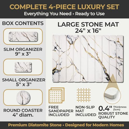 Stone Dish Drying Mat for Kitchen Countertop 24x16 Large Diatomaceous Earth Quick-Dry Absorbent Foldable Non-Slip Organizer for Dishes Glasses Utensils with Coaster Pads Gold Veined Marble