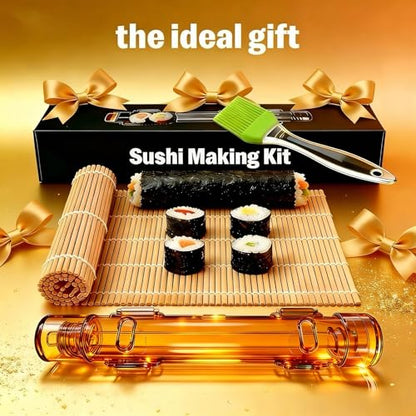 Sushi Making Kit – Clear Sushi Bazooka Roller & Bamboo Sushi Rolling Mat, Easy DIY Sushi Maker Tool Set for Beginners, Homemade Sushi Rolls for Kitchen & Party (Clear Amber) - color: Clear Amber