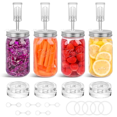 Xileanalee Fermentation Kit Set for Wide Mouth Mason Jar,Sauerkraut/Pickling Kit with 4 Glass Fermentation Weights,4 Fermenting Lids,4 Airlocks,5 Silicone Gaskets,5 Silicone Grommets(No Jars) - color: White