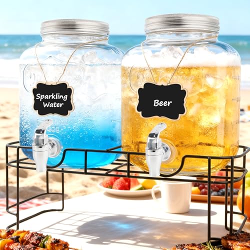 1.5 Gallon Glass Drink Dispensers For Parties-Set of 2,Drink Dispenser with Fruit Infuser & Stand,Juice or Beverage Dispenser for BBQ, Picnic, Party,Water Dispenser Laundry Detergent Dispenser - size: 1.5 Gallon Double With Stand