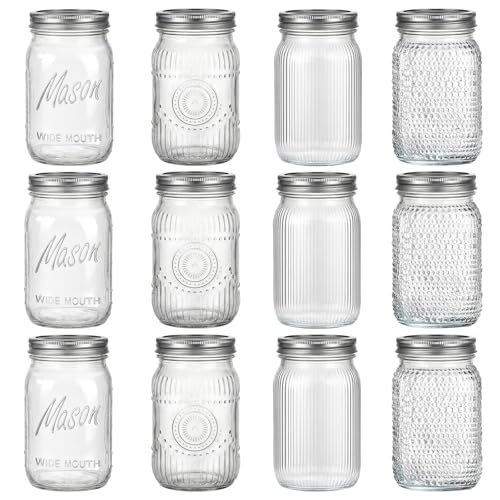 Rubtlamp Clear Mason jar 32 oz, 12 Mixed Pack Glass Jars - Wide Mouth Mason Jars with Airtight Lids for Pickling, Fermenting, Food Storage&DIY Crafts, Microwave & Dishwasher Safe - color: Mix-Clear