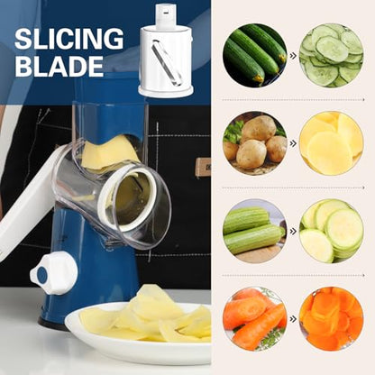 Cambom Rotary Cheese Grater Hand Crank Cheese Shredder for Fresh Cheese, Vegetable, Nuts,Non-slip Suction Base，Three Blades,Dark Blue - color: Dark Blue, size: 3 BLADES