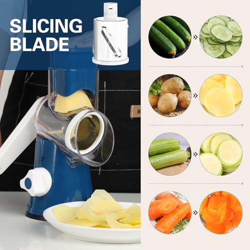 Cambom Rotary Cheese Grater Hand Crank Cheese Shredder for Fresh Cheese, Vegetable, Nuts,Non-slip Suction Base，Three Blades,Dark Blue - color: Dark Blue, size: 3 BLADES