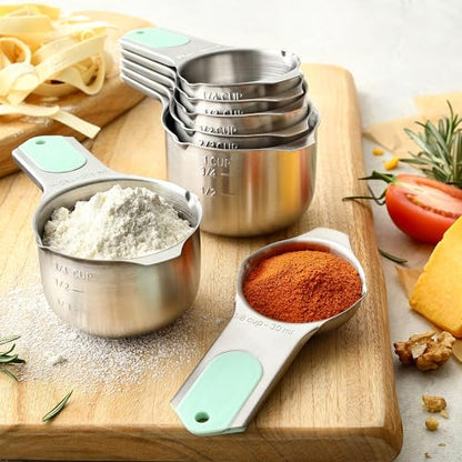 Spring Chef Magnetic Measuring Cups & Spoons Set, Patented, Strong N45 Magnets, Heavy Duty Stainless Steel Fits in Spice Jars for Baking & Cooking, BPA Free, Round Set of 15 with Leveler, Mint - color: Mint, size: Set of 15