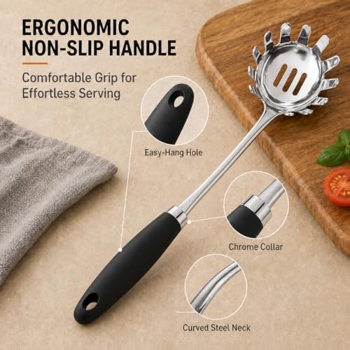Stainless Steel Pasta Spoon, Spaghetti Server with Teeth, Metal Pasta Fork for Noodles, Linguine, Fettuccine and Macaroni, Dishwasher Safe - color: B-Silver Pasta