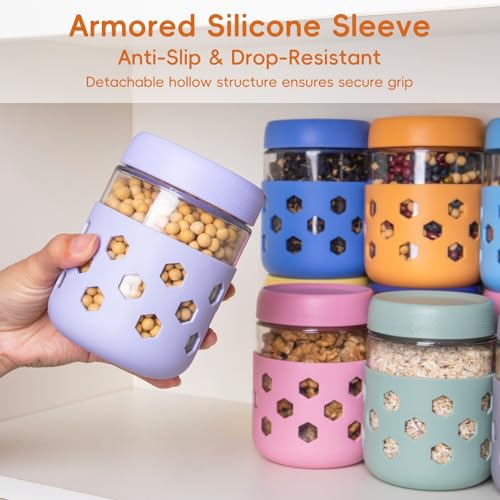Gemice 6-Pack 16oz Glass Mason Jars with Silicone Sleeves, Airtight BPA-Free Overnight Oats Containers with Lids, Dishwasher Safe Leak-Proof Meal Prep Jars for Chia Pudding, Yogurt, Snacks - color: Retro Pastel, size: 16oz, 6-Pack