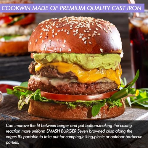 COOKWIN 7" Cast Iron Smash Burger Press Kit, Heavy-Duty Hamburger Smasher with Non-Slip Handles and 50 pcs Patty Paper, 2.1 lb Bacon Meat Weight Press for Steak, Smashburger, Grill and BBQs - color: 7 inch Black