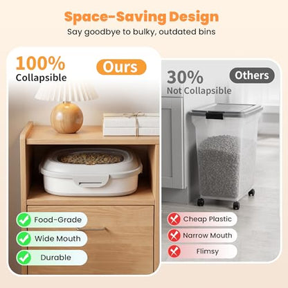 28 Lbs Dog Food Storage Container with Wheels, Collapsible Pet Food Storage Container with Clear Window, Measuring Cup & Scoop, BPA Free Cat Food Container for Rice, Flour, Grain, Bird Seed - color: Grey/28lbs