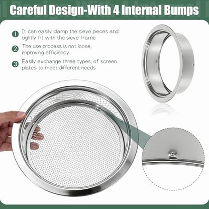 Soil Sieve Set Stainless Steel Garden Soil Sifter, Compost Mesh Sifter with 5 Interchangeable Mesh 1/3/6/9/12mm and Soil Scoops for Sand, Bonsai Soil, Rock, Filtration