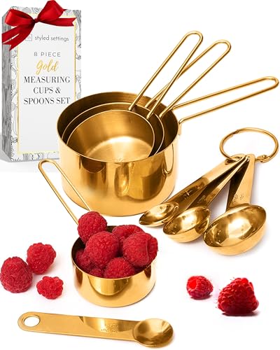 STYLED SETTINGS Gold Measuring Cups and Spoons Set – Stackable 8-Piece Brass Measuring Cups and Spoons – Stylish and Sturdy Gold Kitchen Accessories for Baking and Cooking - color: Gold