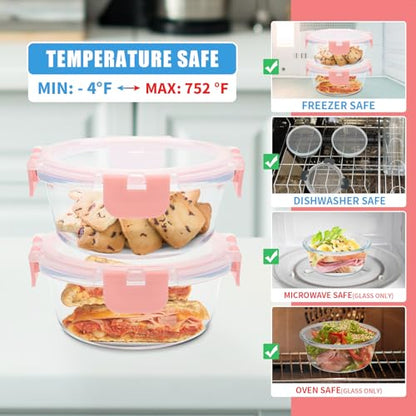 GULFLIN 12 Pack 13oz Small Glass Food Storage Containers with Lids Airtight, Leak-Proof Round Meal Prep Containers Set, Freezer to Microwave Safe, Dishwasher Safe - color: 13oz,12 Pack-Pink Set,Same Size