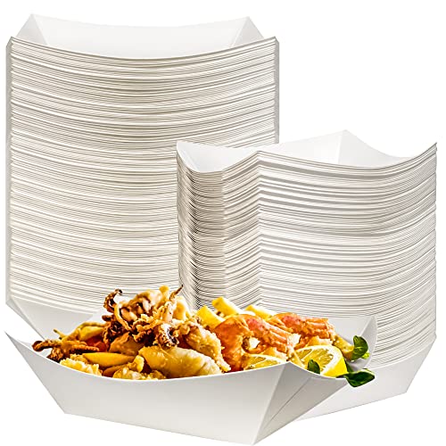 100 Pack 2lb Kraft Paper Food Trays, Waterproof Heavy-Duty Paper Food Boats Disposable Serving Baskets Trays for Fries Sandwiches Burgers Hot Dogs Taco BBQ Popcorn Picnic Wedding Party (White) - color: White