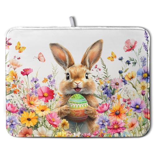 Spring Easter Dish Drying Mat for Kitchen Counter Easter Bunny Rabbit Eggs Flowers Dishes Drainer Mats 18x24 Microfiber Absorbent Large Dish Drying Pad for Kitchen Countertop Tableware Decor - color: Easter Spring Bunny, size: 18" x 24"