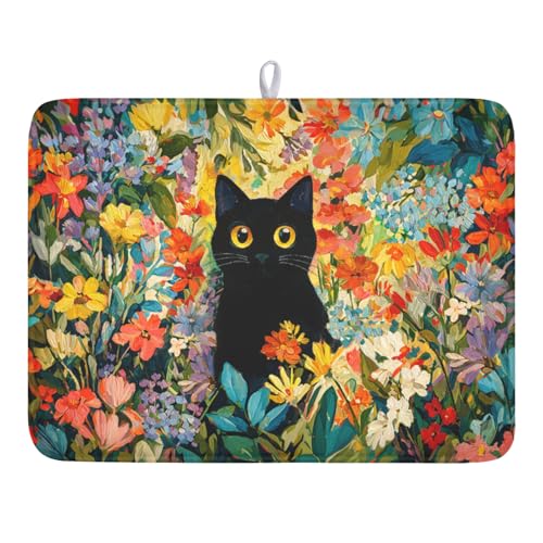 Spring Summer Floral Cat Dish Drying Mat for Kitchen Counter Abstract Oil Painting Wildflower Microfiber Dish Drainer Mat Rustic Absorbent Washable Drying Pad Extra Large 18"x24" - color: Colorful Floral, size: 24" x 18"