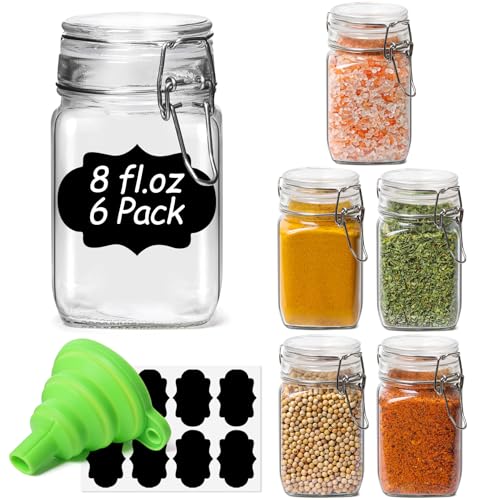 ComSaf Square Small 8 oz Glass Spice Jars with Airtight Lids 6 Pack Pantry | Jams herbs, Overnight oats, Pickling favors, Labels included, Funnel included, Pantry organization, Sourdough pickling - size: 8oz*6