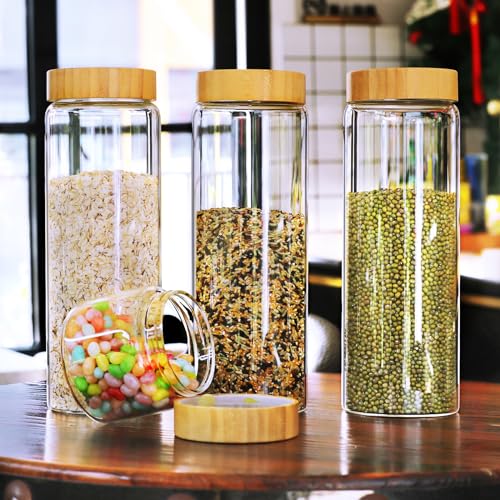 Glass Canisters With Airtight Bamboo Lids - 3 Pack 80oz Cereal Containers, Cookie Jars, Pasta Storage - Screw On Kitchen Jars - size: 3 jars: 80oz each