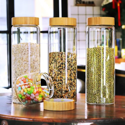 Glass Canisters With Airtight Bamboo Lids - 3 Pack 80oz Cereal Containers, Cookie Jars, Pasta Storage - Screw On Kitchen Jars - size: 3 jars: 80oz each